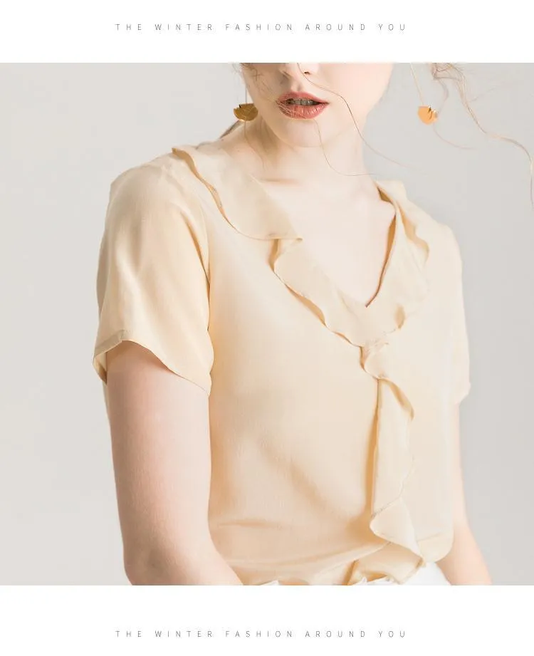 100% REAL SILK Crepe Short Sleeved Ruffled Collar Blouse