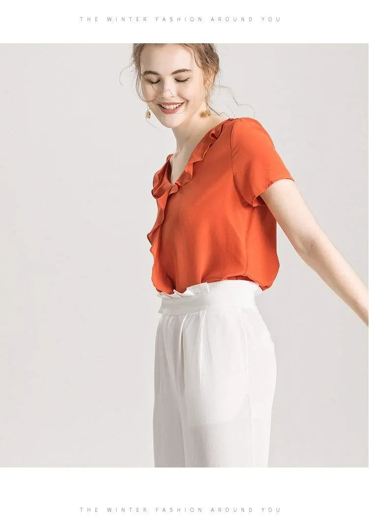 100% REAL SILK Crepe Short Sleeved Ruffled Collar Blouse