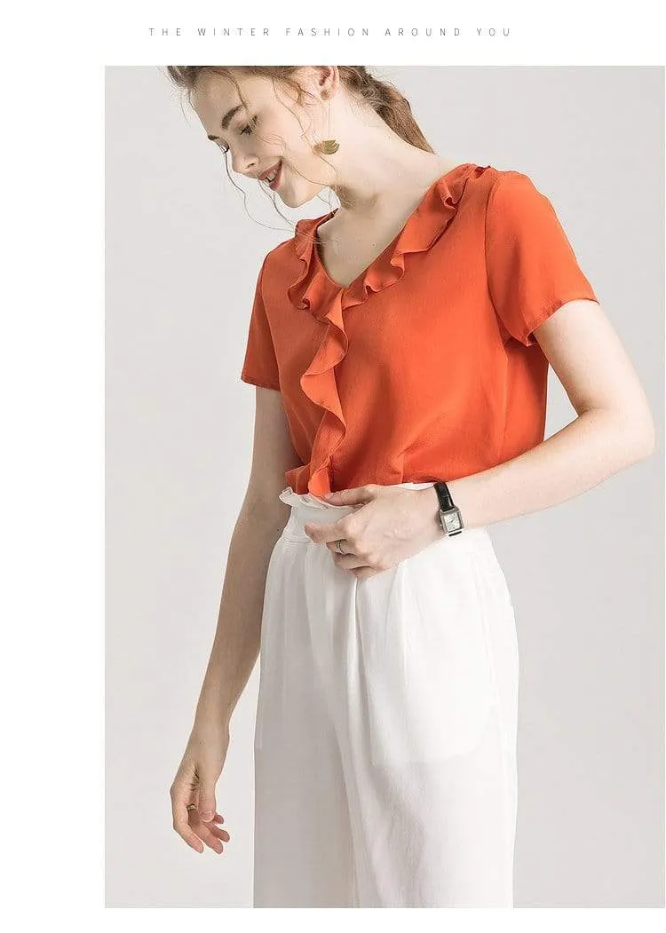 100% REAL SILK Crepe Short Sleeved Ruffled Collar Blouse