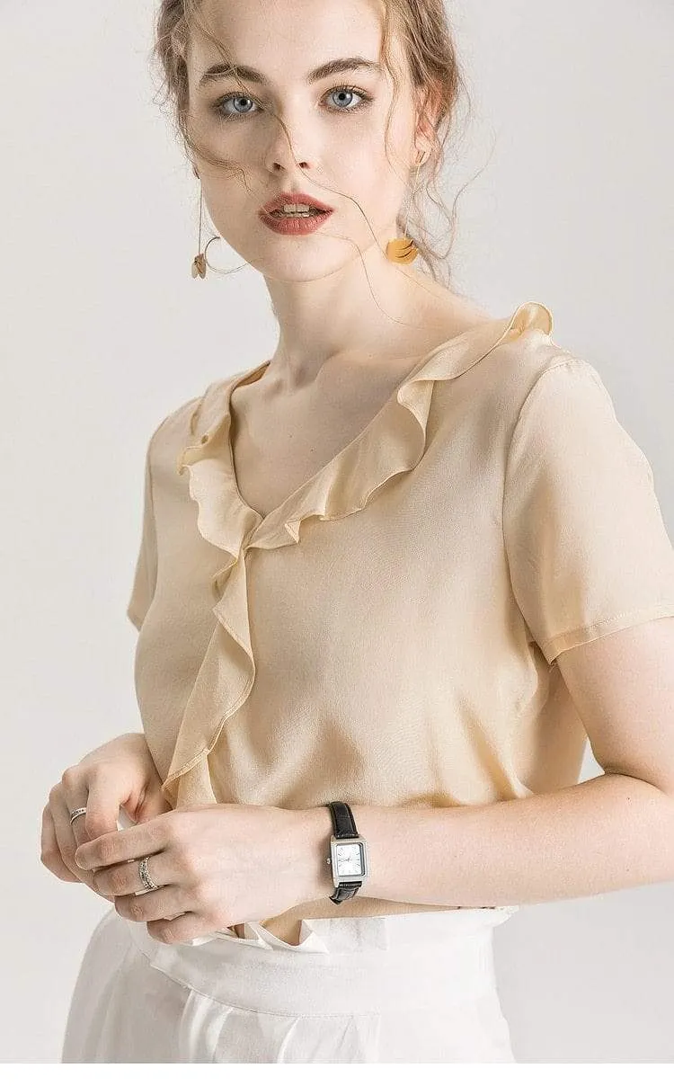 100% REAL SILK Crepe Short Sleeved Ruffled Collar Blouse