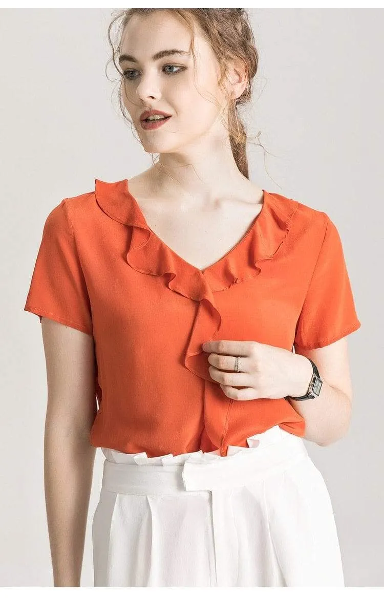 100% REAL SILK Crepe Short Sleeved Ruffled Collar Blouse