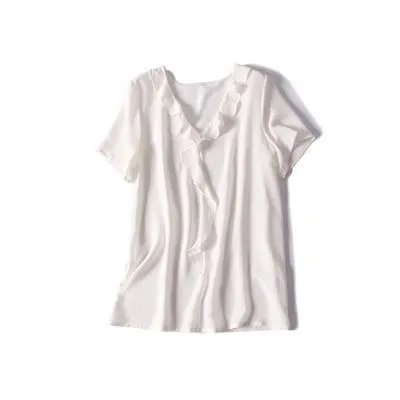 100% REAL SILK Crepe Short Sleeved Ruffled Collar Blouse