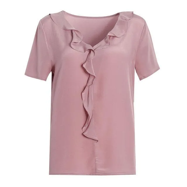 100% REAL SILK Crepe Short Sleeved Ruffled Collar Blouse