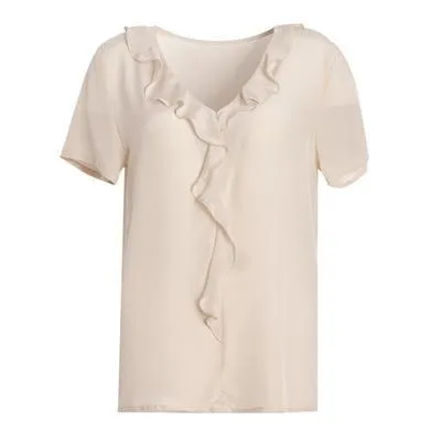 100% REAL SILK Crepe Short Sleeved Ruffled Collar Blouse