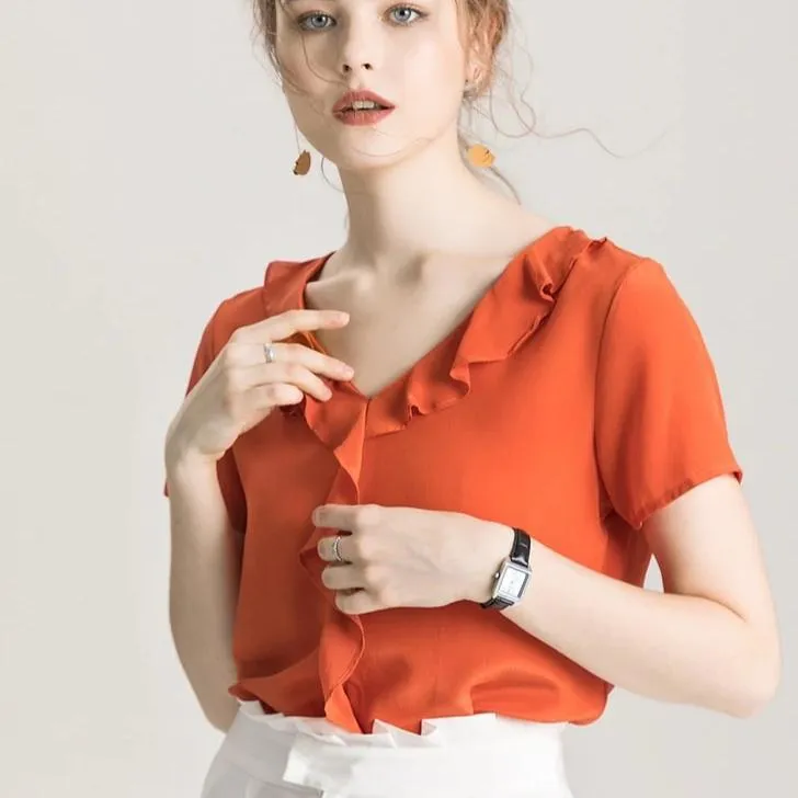 100% REAL SILK Crepe Short Sleeved Ruffled Collar Blouse