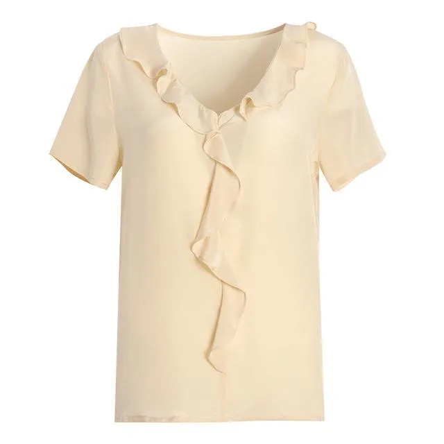 100% REAL SILK Crepe Short Sleeved Ruffled Collar Blouse