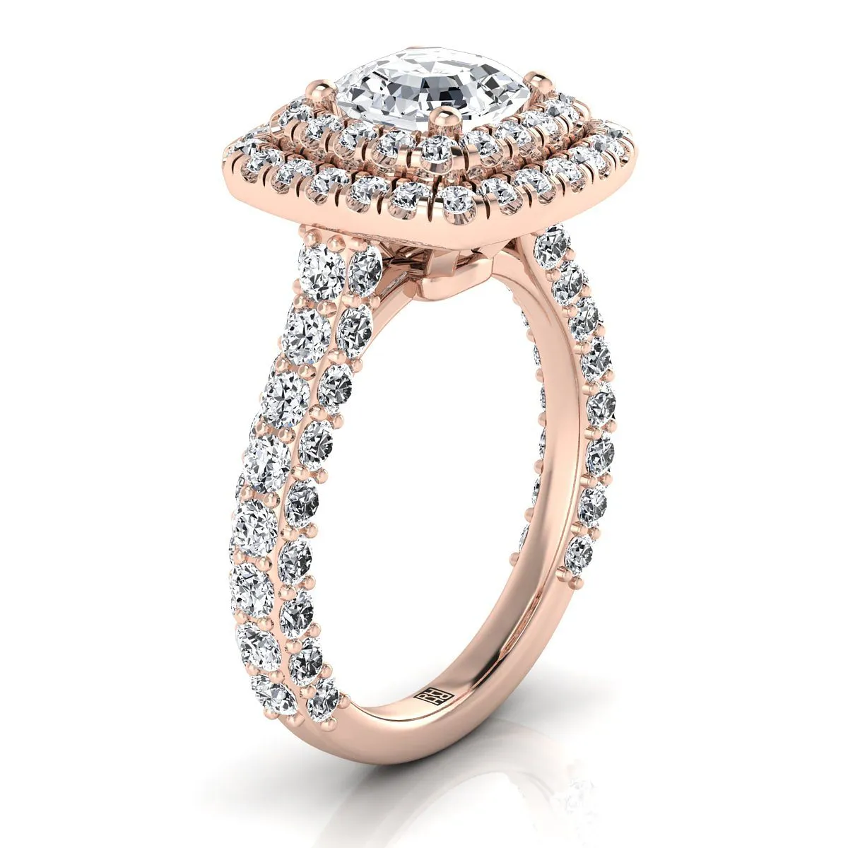 14K Rose Gold Asscher Cut Diamond Bold and Fancy Double Halo French Pave Engagement Ring -2ctw