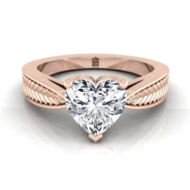 14K Rose Gold Heart Shape Center Vintage Inspired Leaf Pattern Pinched Solitaire Engagement Ring