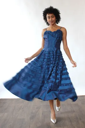 1950s Ruffled Taffeta Dress M