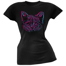 3D Cat Face Black Soft Juniors T-Shirt