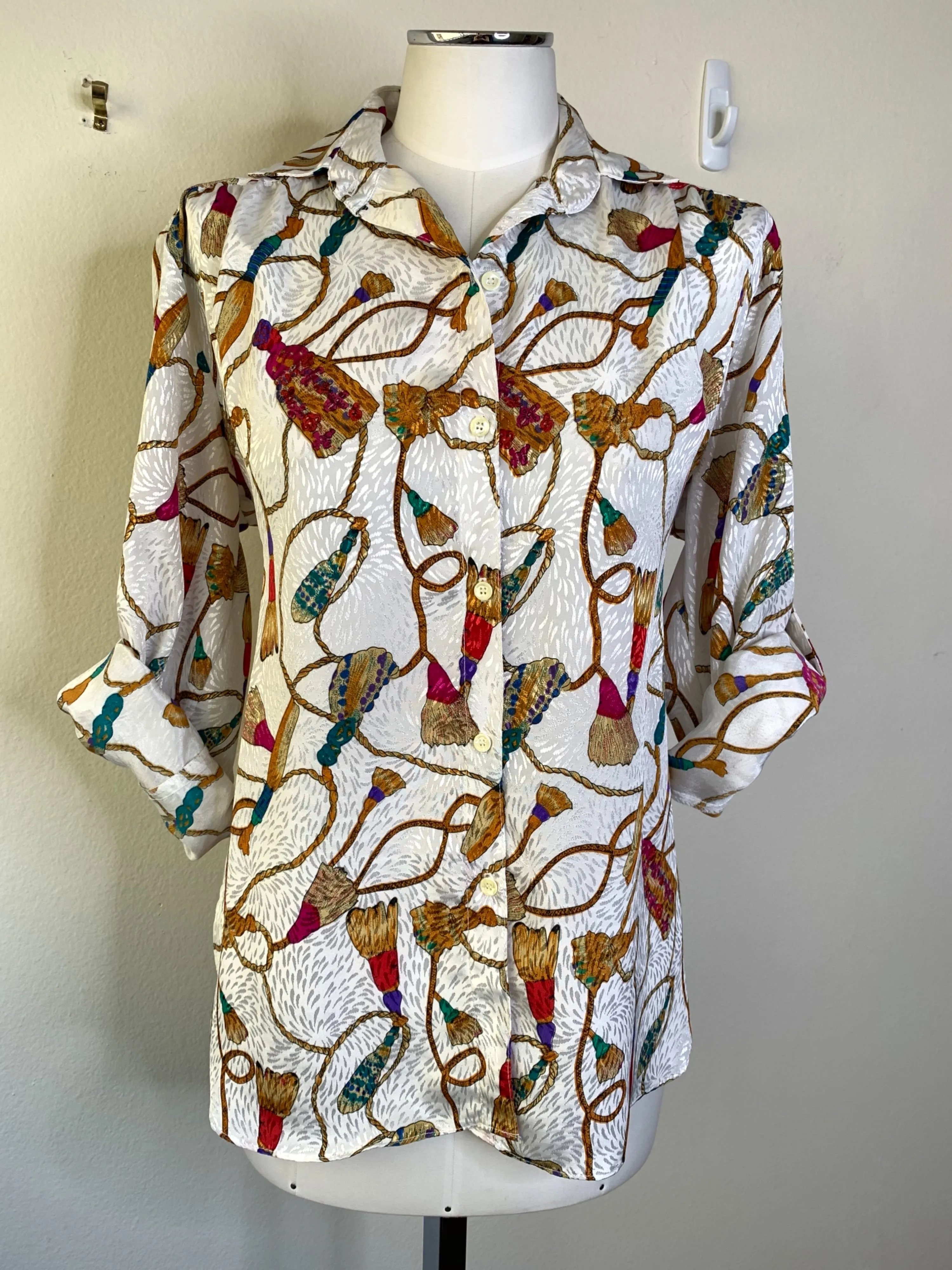 '80s Silky Button Down Baroque-Style Blouse with Tassel Print by All Hours