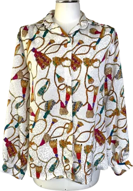 '80s Silky Button Down Baroque-Style Blouse with Tassel Print by All Hours