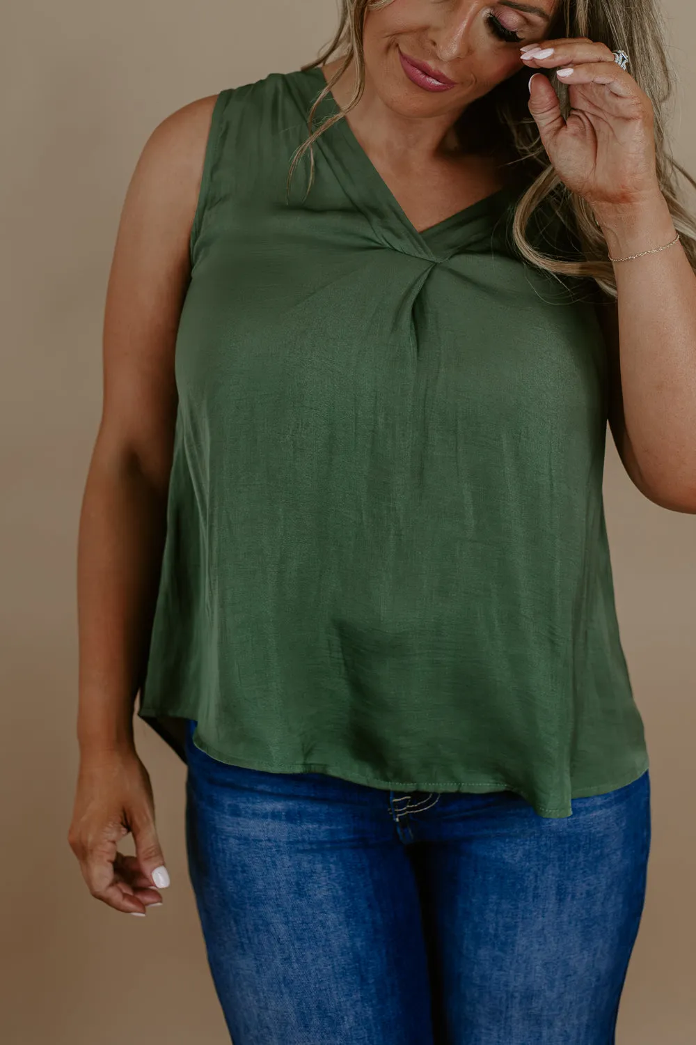 All Set in Satin V-Neck Tank, Olive