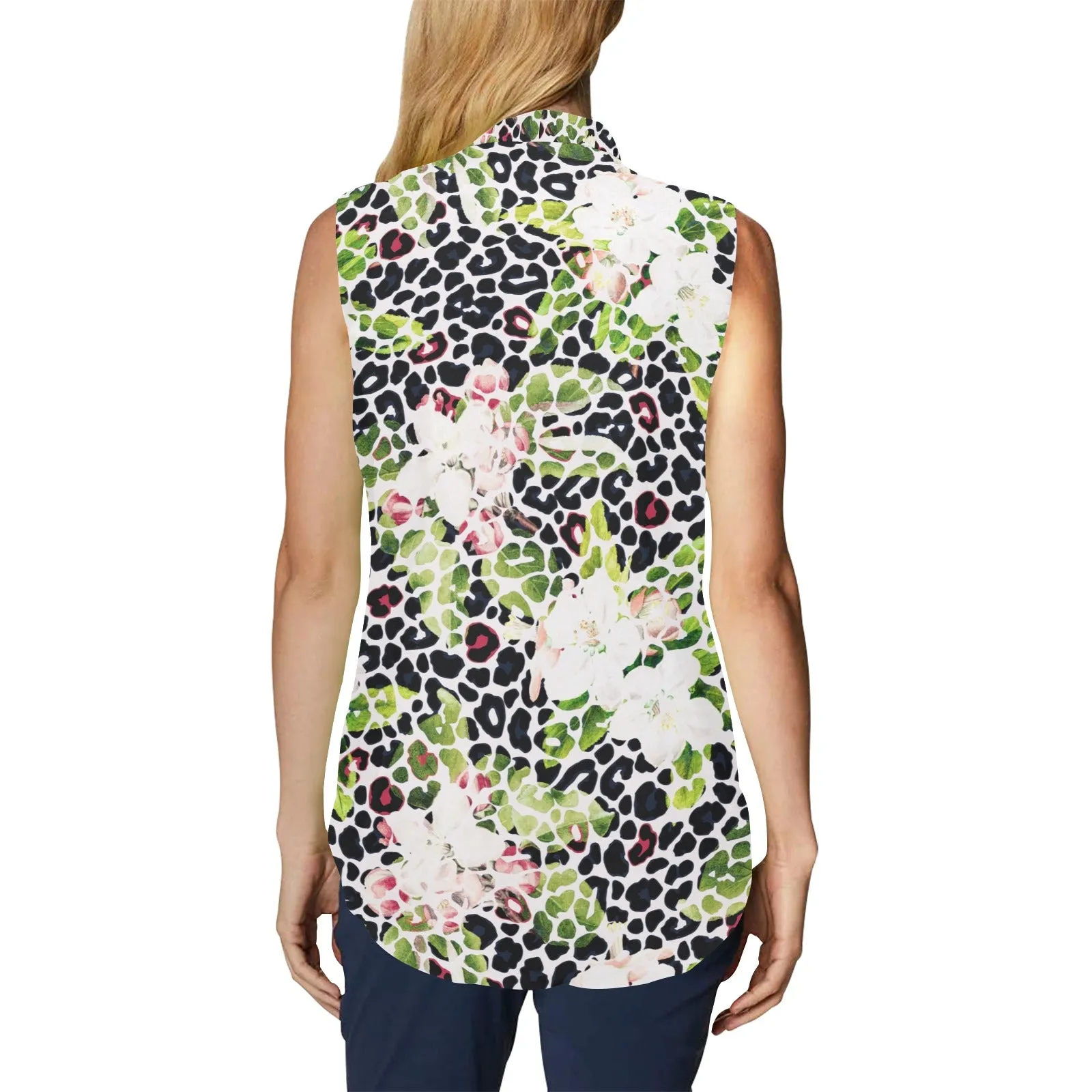 apple blossom leopard print Women's Bow Tie V-Neck Sleeveless Shirt (Model T69)