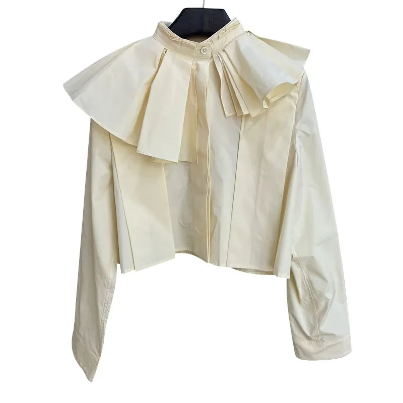 Apricot Minimalist Short Shirt Female Stand Collar Long Sleeve Patchwork Pleated Loose Korean Fashion Woman Blouses