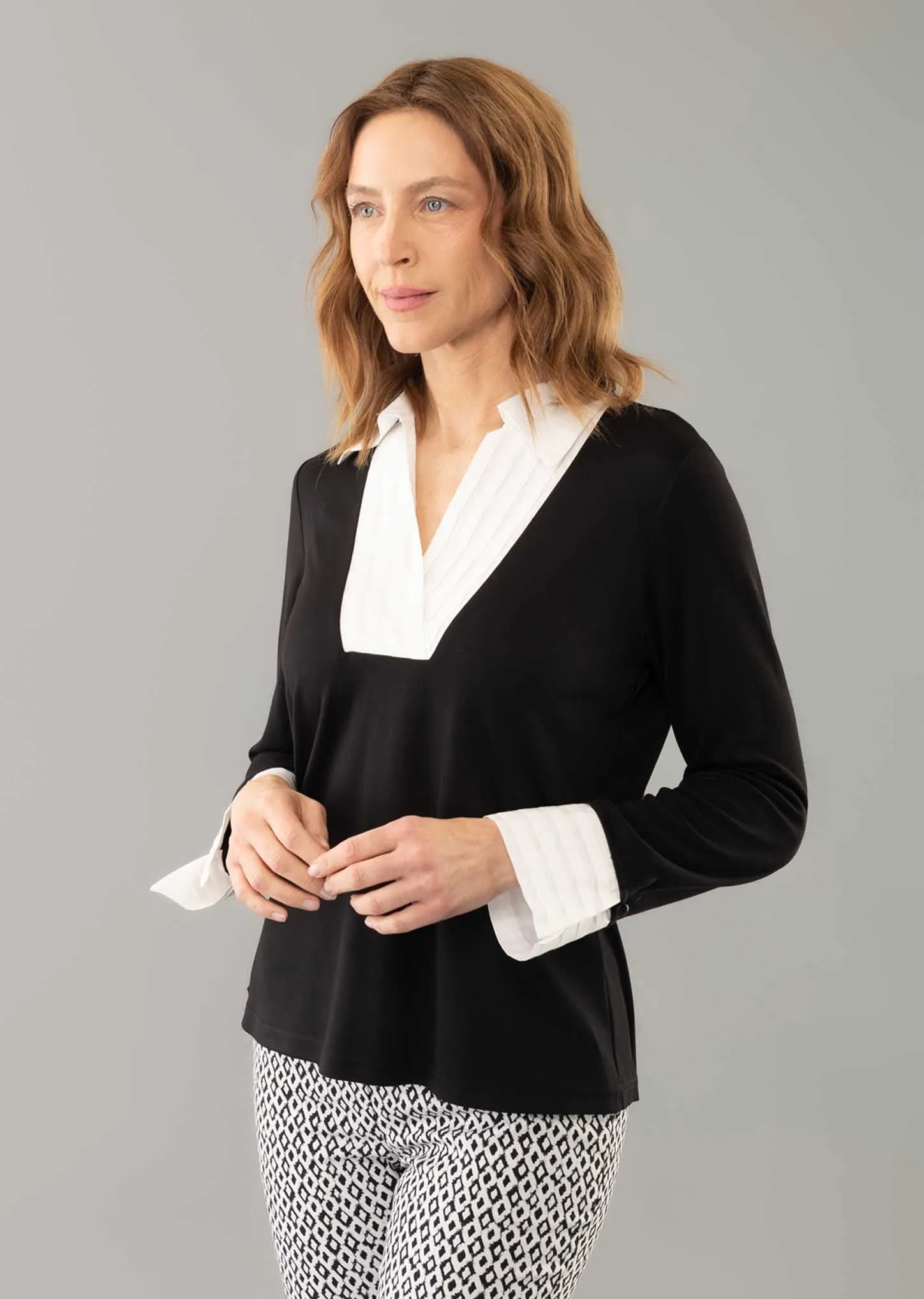 Avery Fabric 24 1/2'' Blouse With Large V Collar