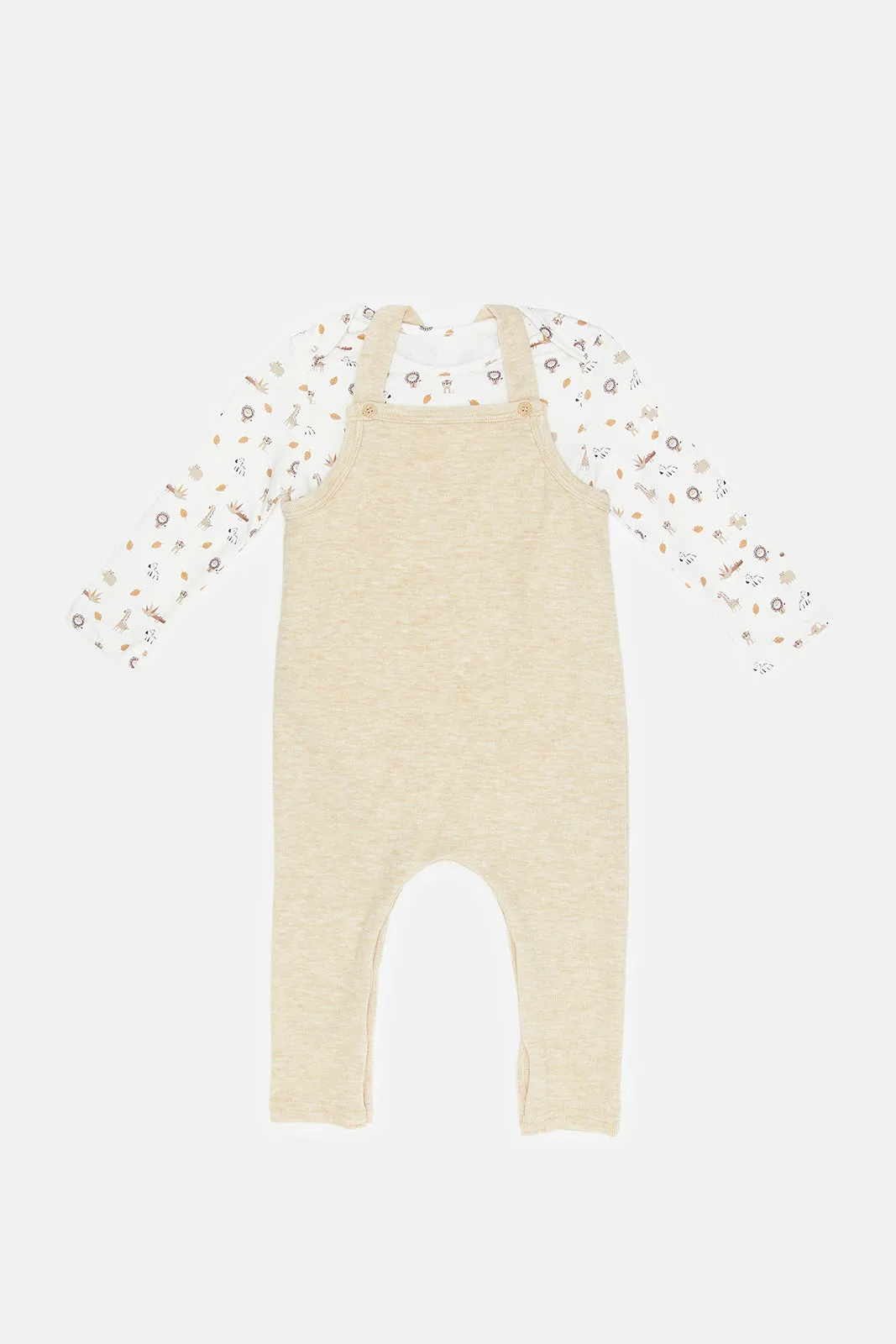 Babies Beige And White Dungaree Set (2 Piece)