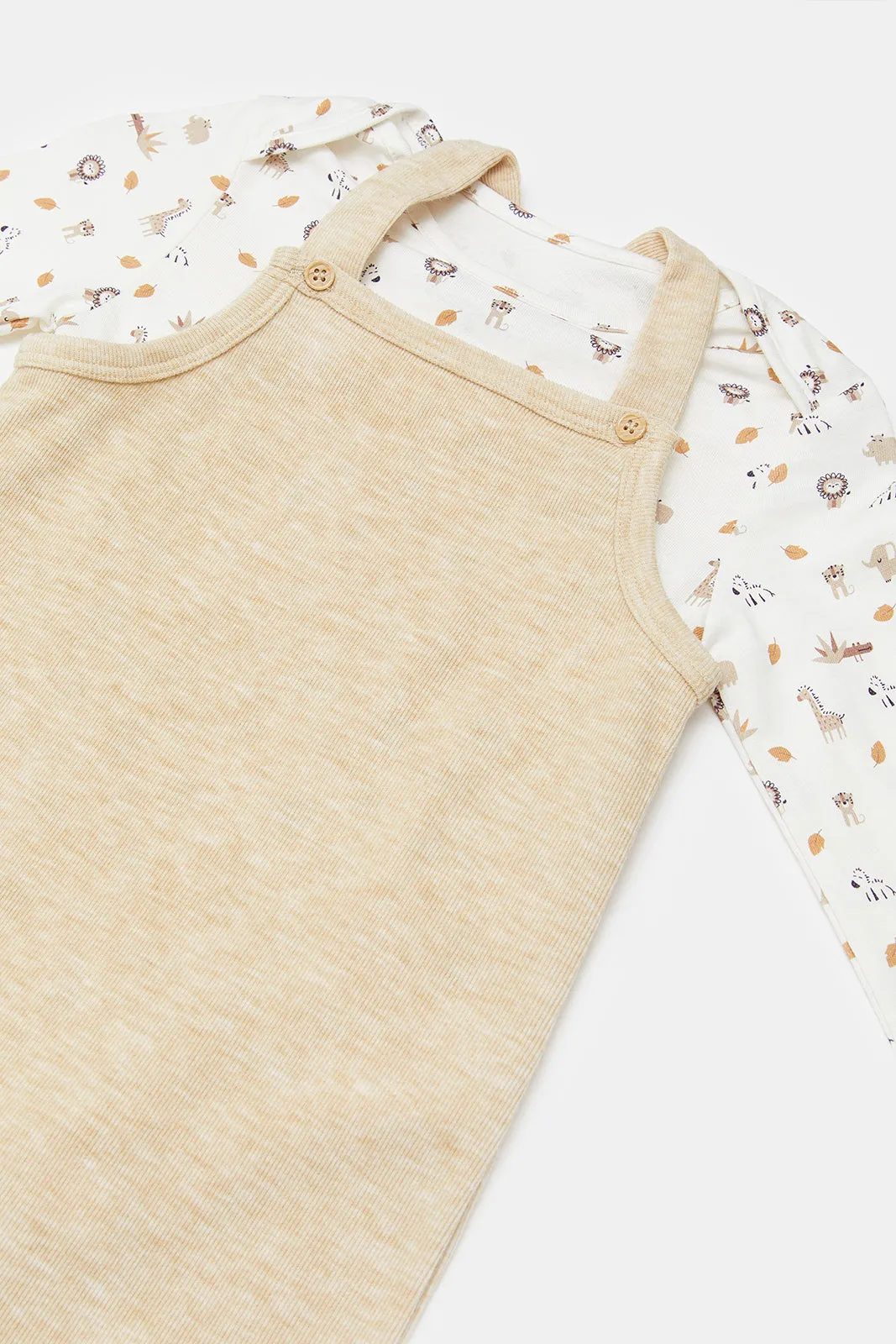 Babies Beige And White Dungaree Set (2 Piece)