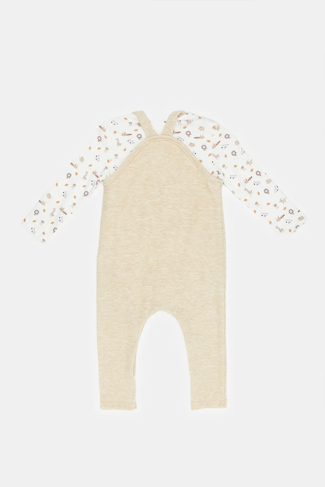 Babies Beige And White Dungaree Set (2 Piece)