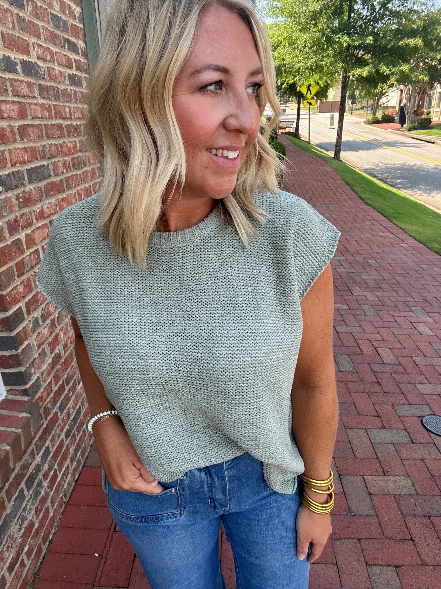 Back To The Grind Sage Muscle Sleeve Knit Top