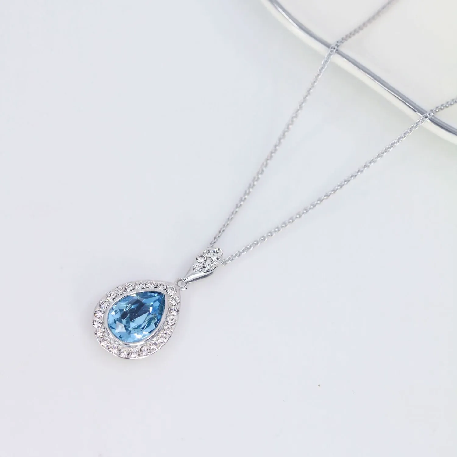 Blue Teardrop Swarovski Crystal Pendant with Pave Crystal Detail (Silver)