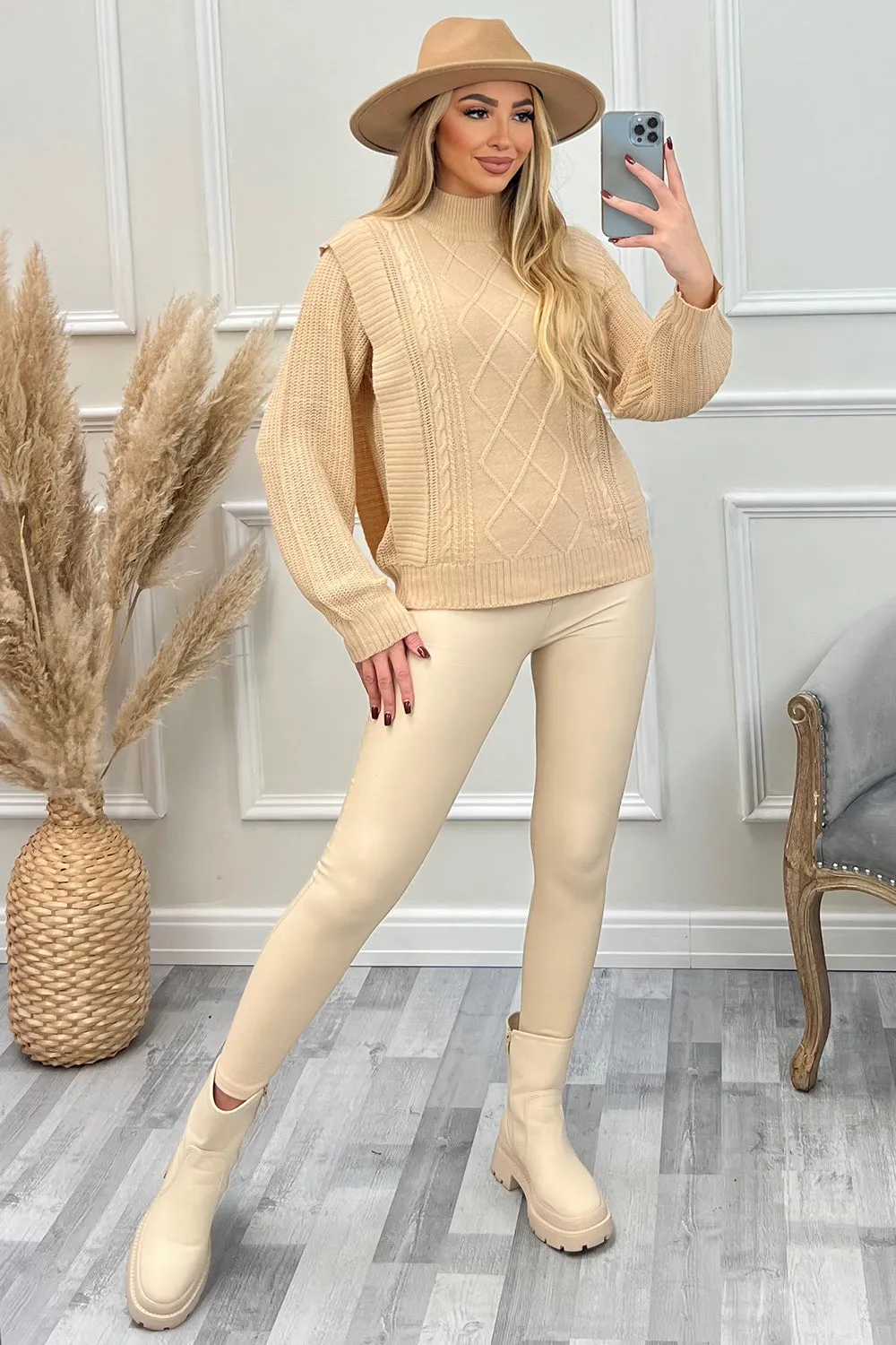 Cassandra Beige High Neck Ribbed Edge Cable Knit Jumper