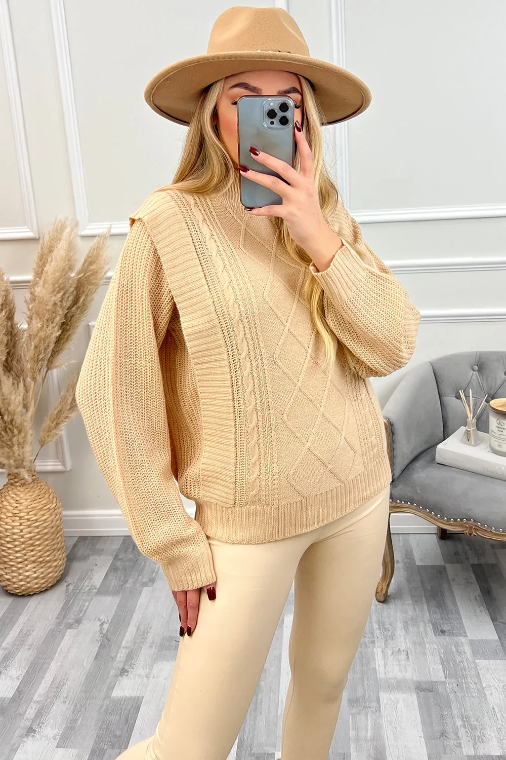 Cassandra Beige High Neck Ribbed Edge Cable Knit Jumper