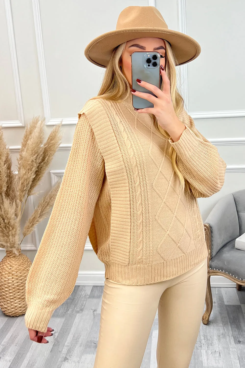 Cassandra Beige High Neck Ribbed Edge Cable Knit Jumper