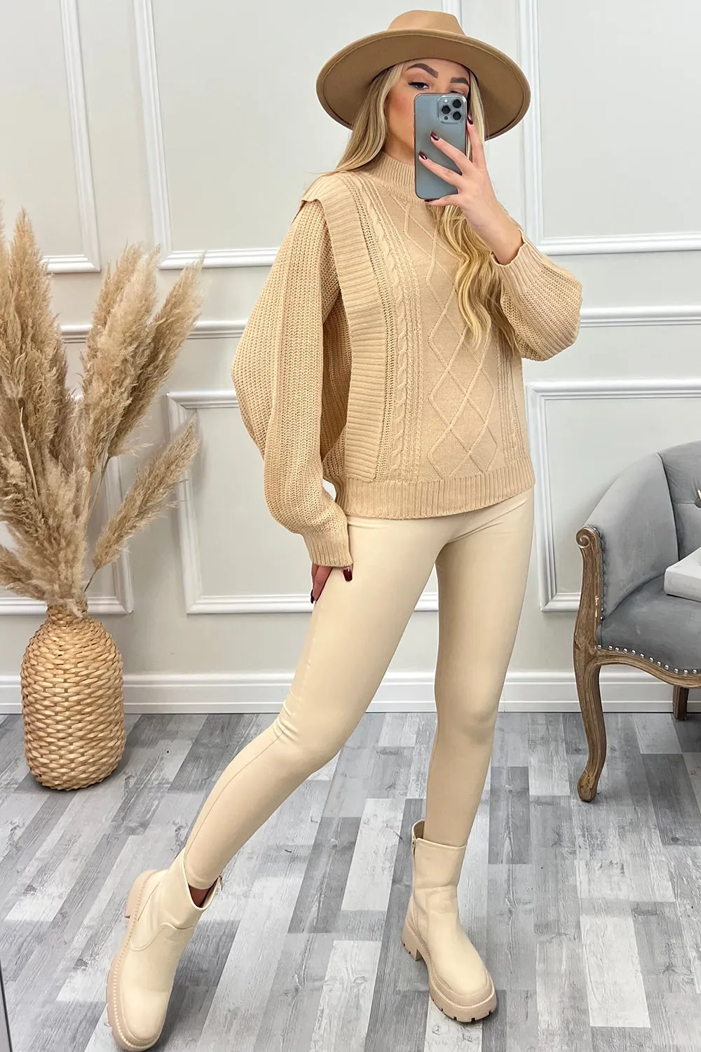 Cassandra Beige High Neck Ribbed Edge Cable Knit Jumper