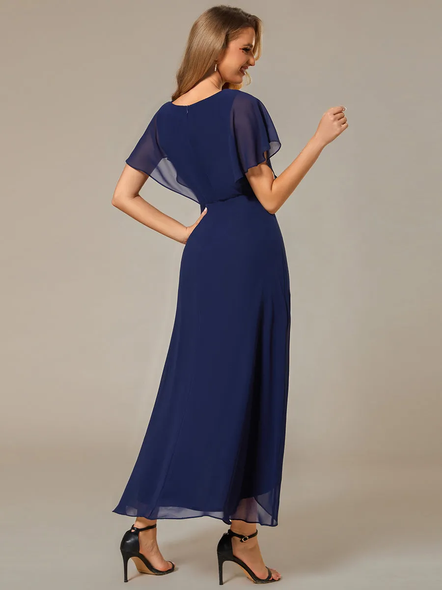 Chiffon Appliques  High-low  Wholesale Evening Dress with Short Sleeves