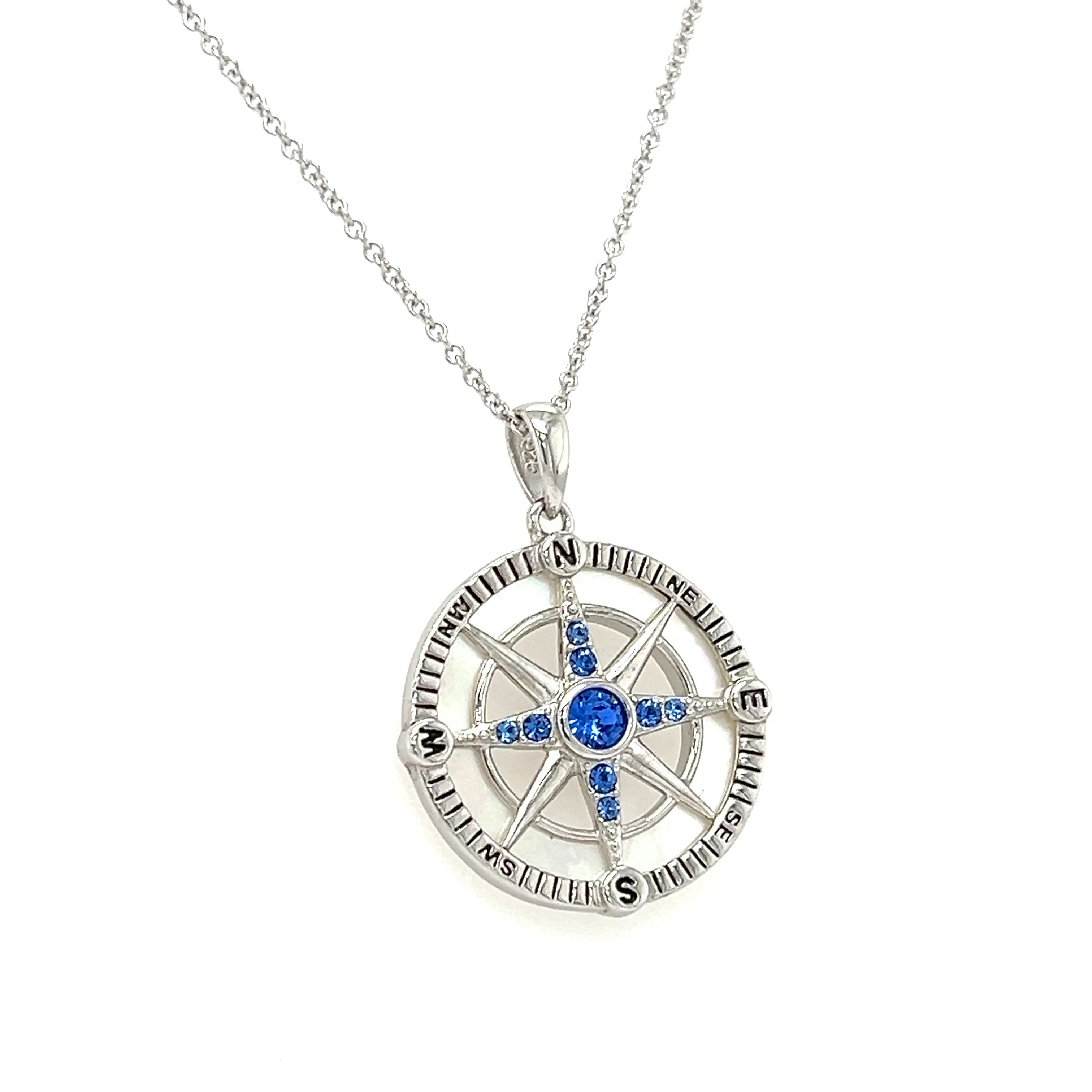 Compass Necklace with Mother of Pearl and Blue Crystals in Sterling Silver