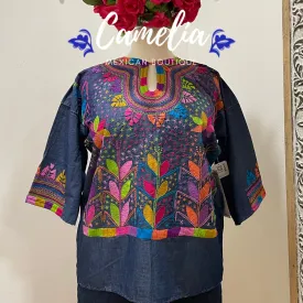 Corn Motif Denim Mexican Blouse 3/4 Sleeve PLUS