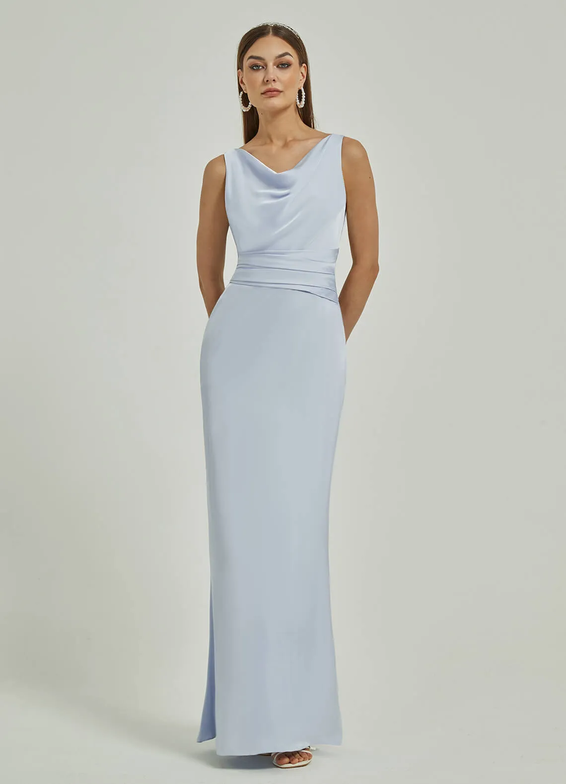 Cornflower Blue Silk Satin Cowl Neck Sheath Backless Maxi Bridesmaid Dress