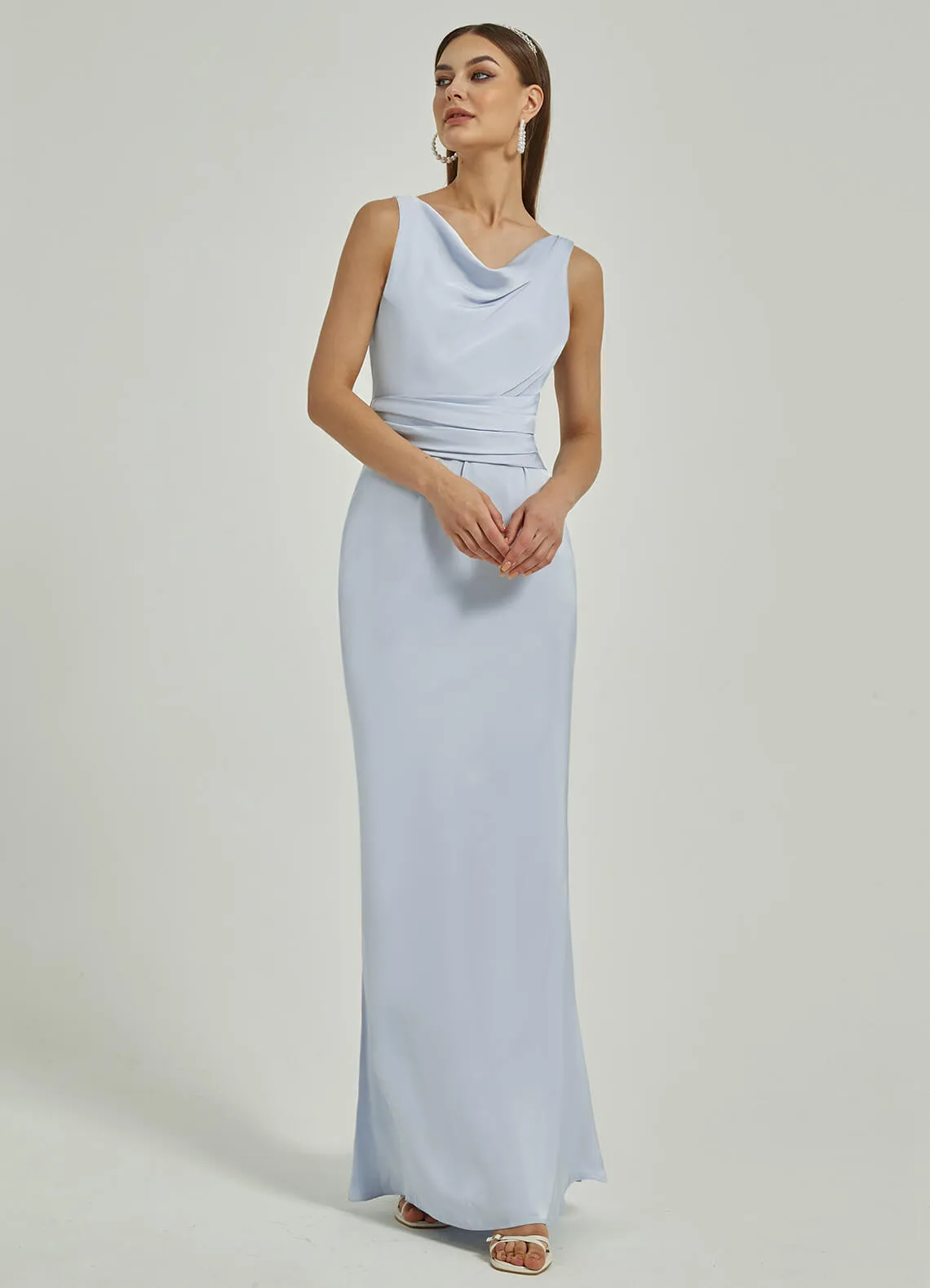 Cornflower Blue Silk Satin Cowl Neck Sheath Backless Maxi Bridesmaid Dress