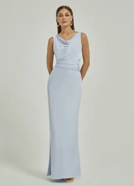 Cornflower Blue Silk Satin Cowl Neck Sheath Backless Maxi Bridesmaid Dress