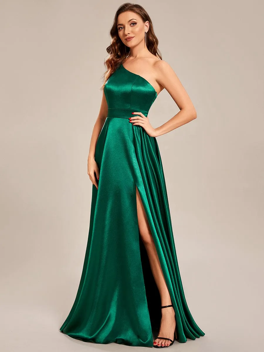 Custom Size One Shoulder Long Satin A Line Prom Dress