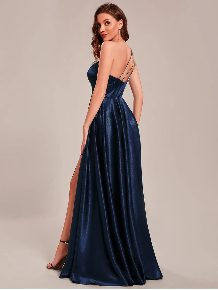 Custom Size One Shoulder Long Satin A Line Prom Dress