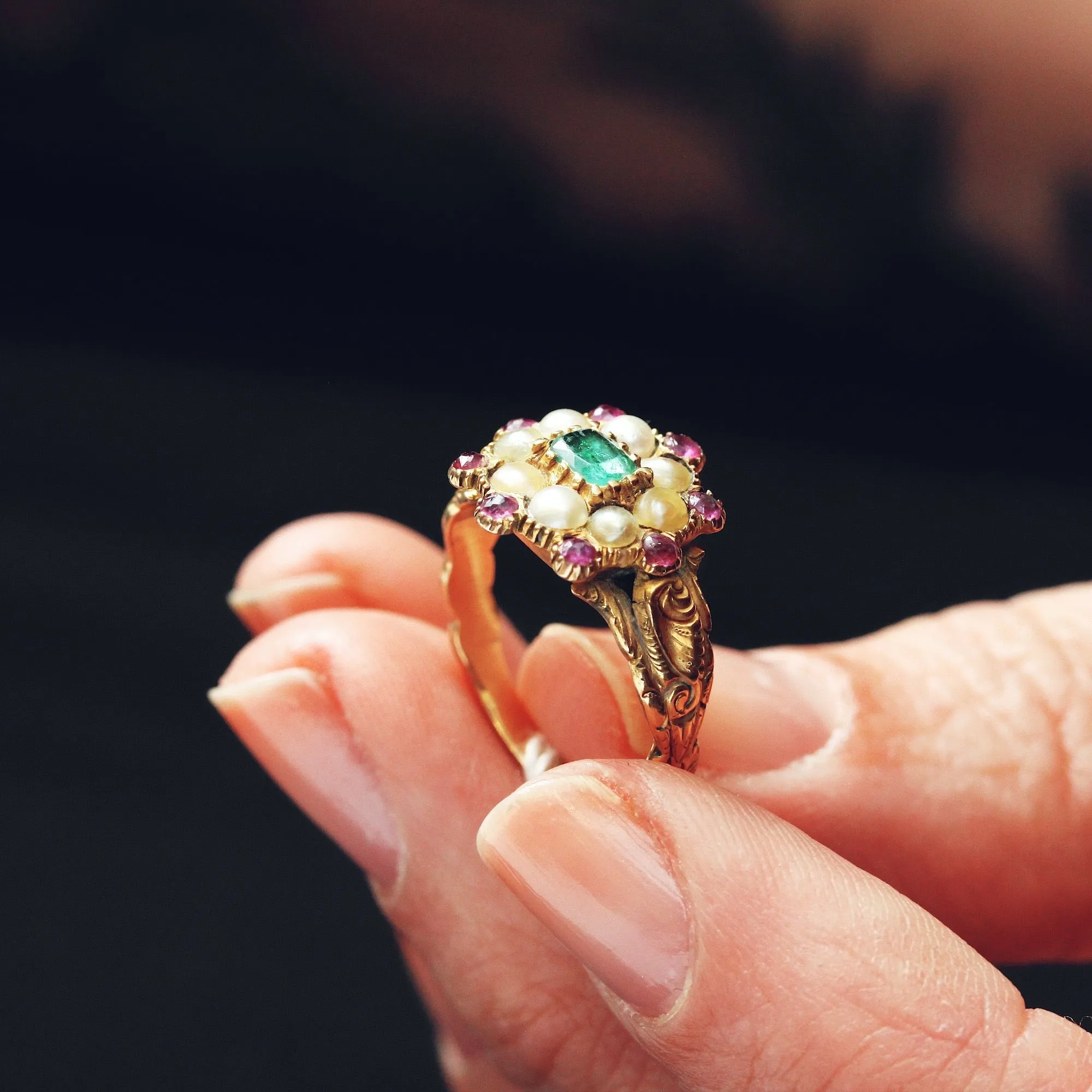 Exquisite Antique Georgian Emerald, Pearl and Ruby Ring