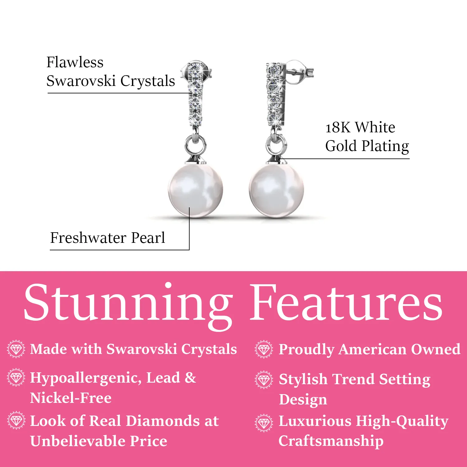 Gabrielle 18k White Gold Plated Swarovski Crystal Pearl Drop Earrings and Necklace Jewelry Set