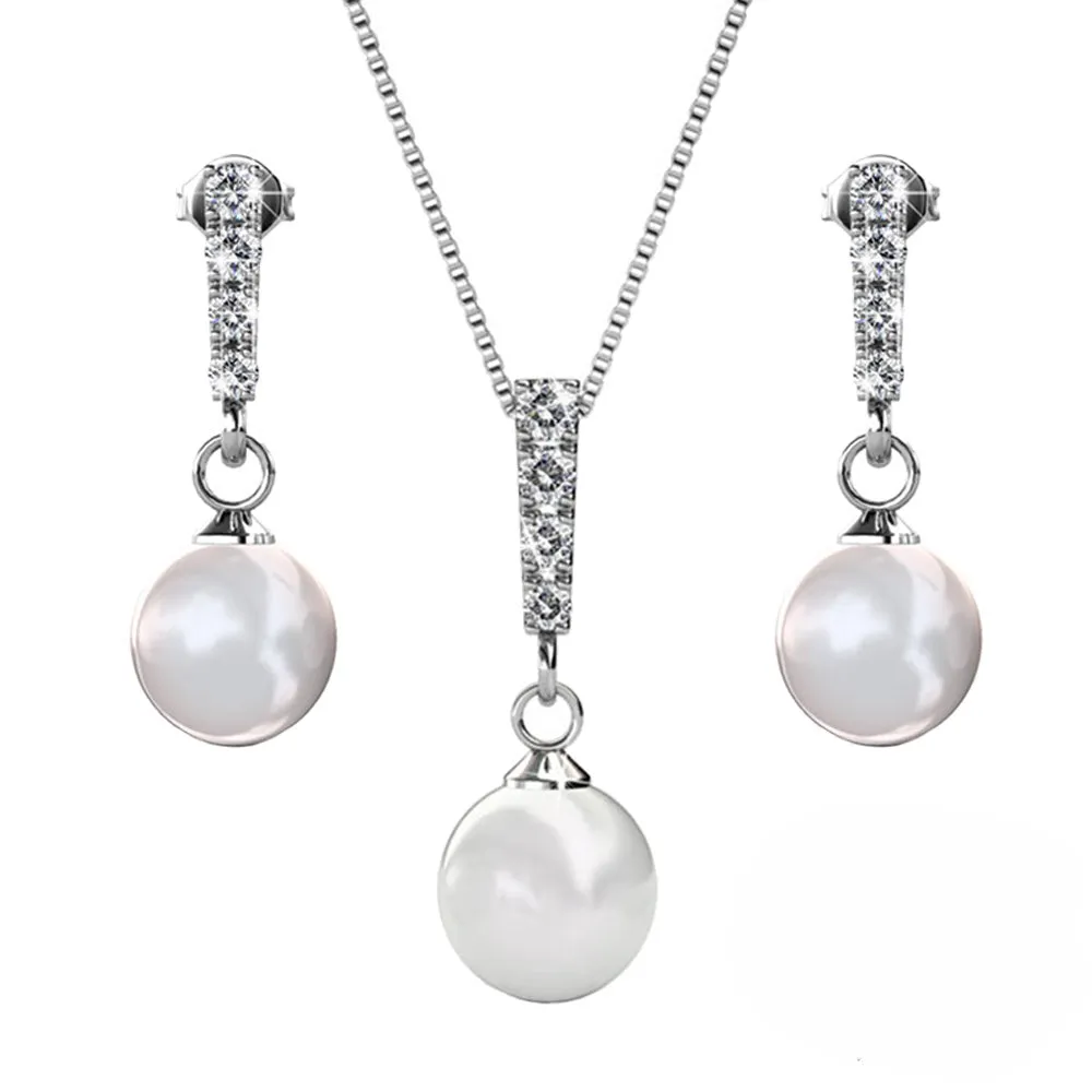 Gabrielle 18k White Gold Plated Swarovski Crystal Pearl Drop Earrings and Necklace Jewelry Set