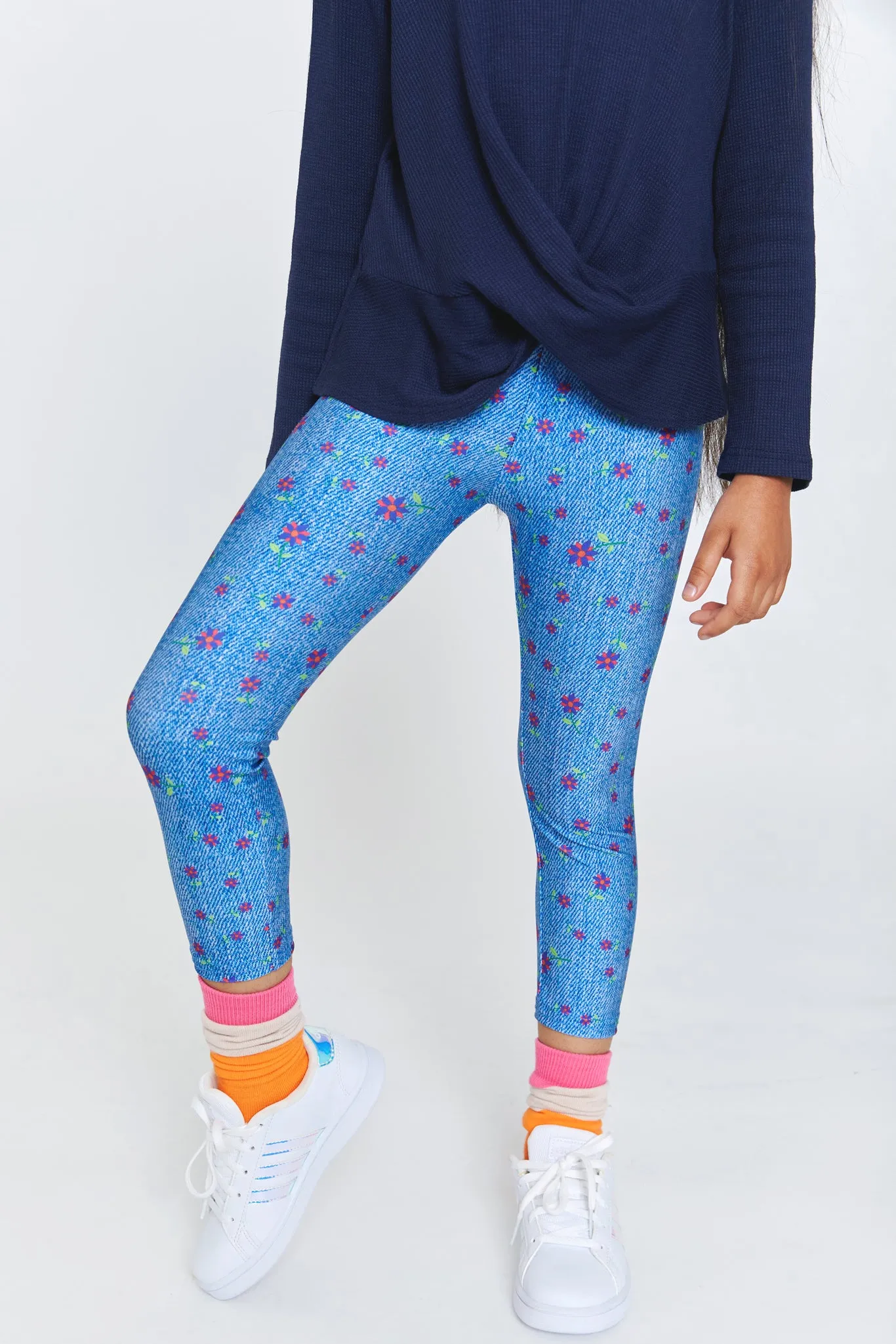 Girls Leggings in Floral Denim