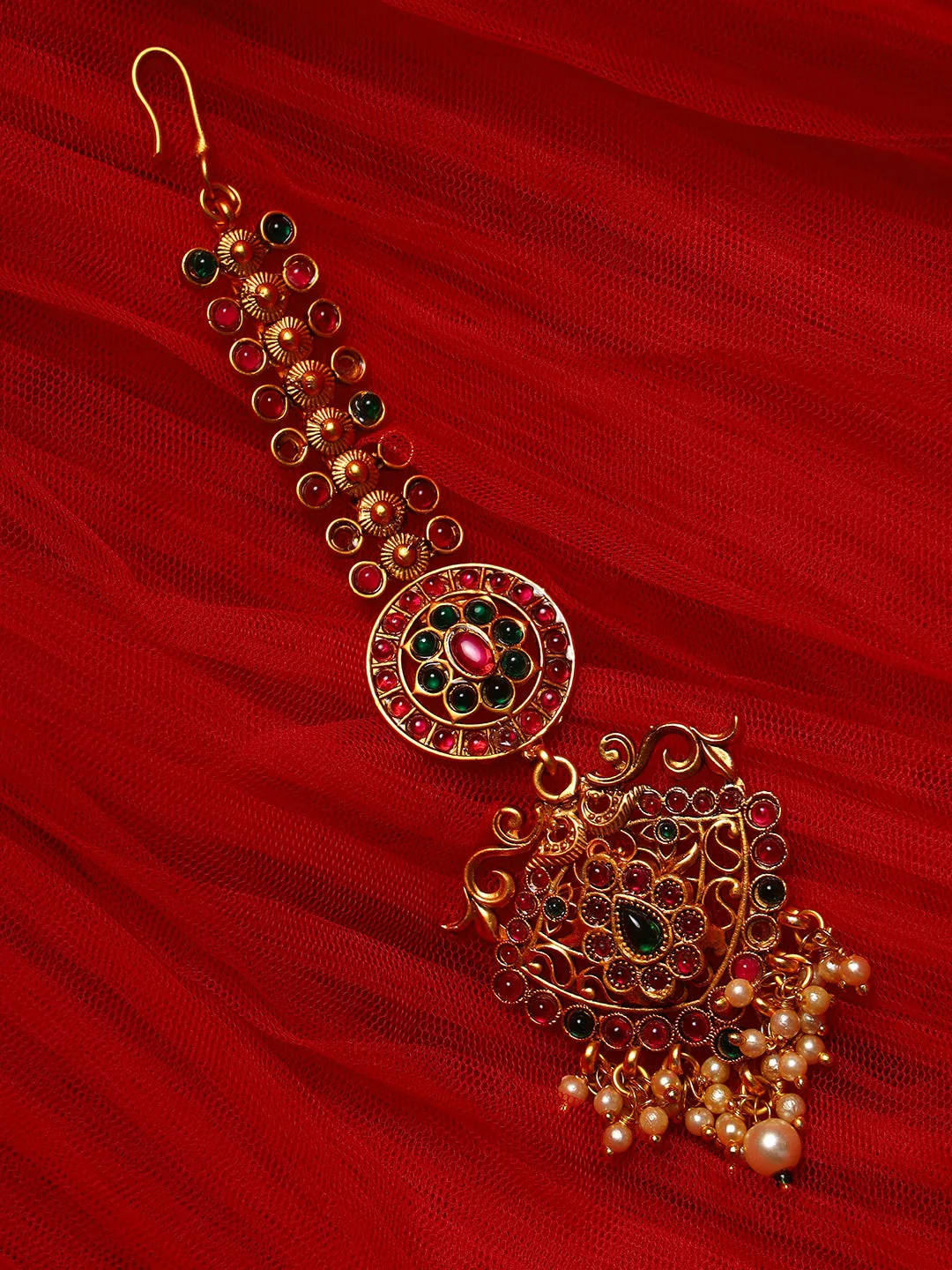 Gold-Plated & Ruby & Emerald Kemp Stones Pearls Maangtikka