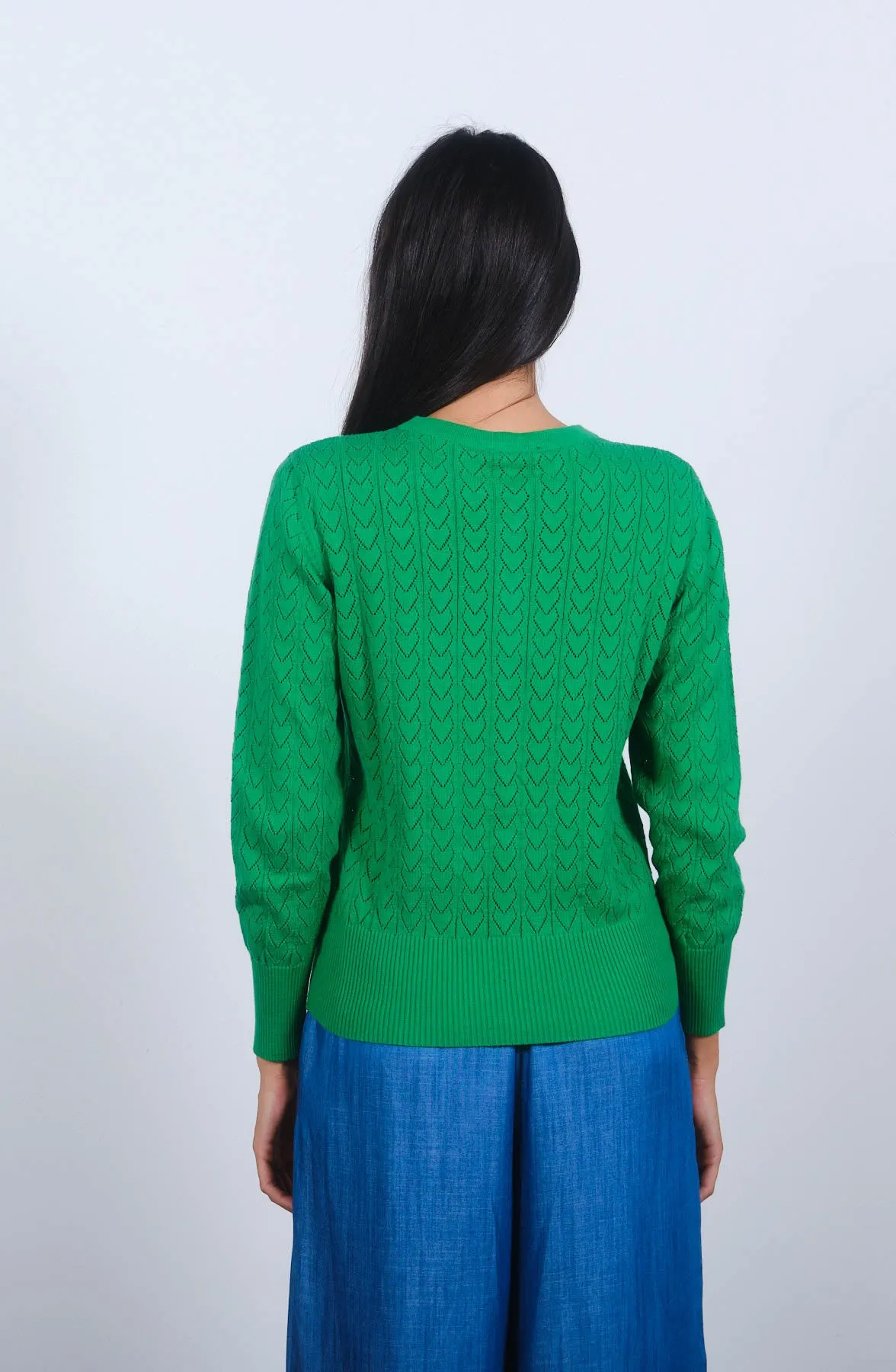 Heart Pointelle Cardigan in Green Bee