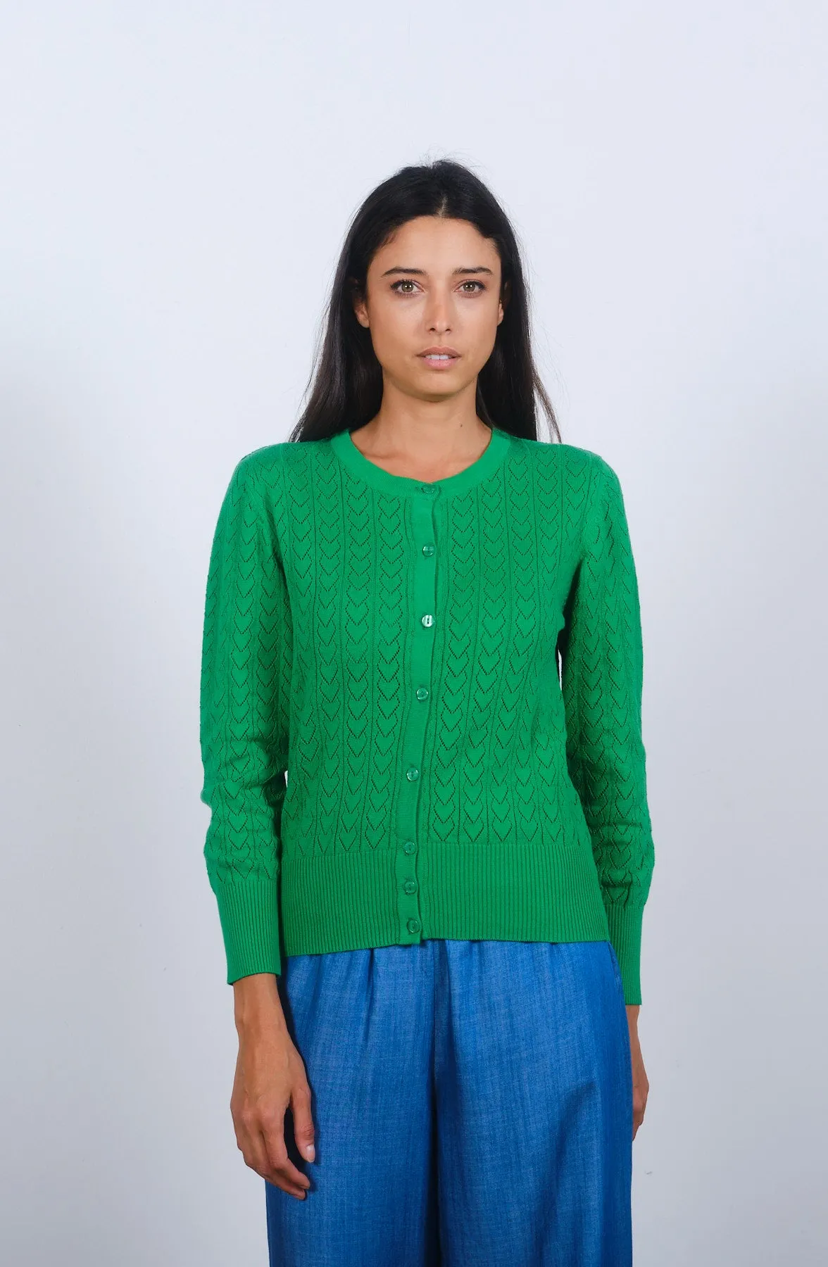 Heart Pointelle Cardigan in Green Bee