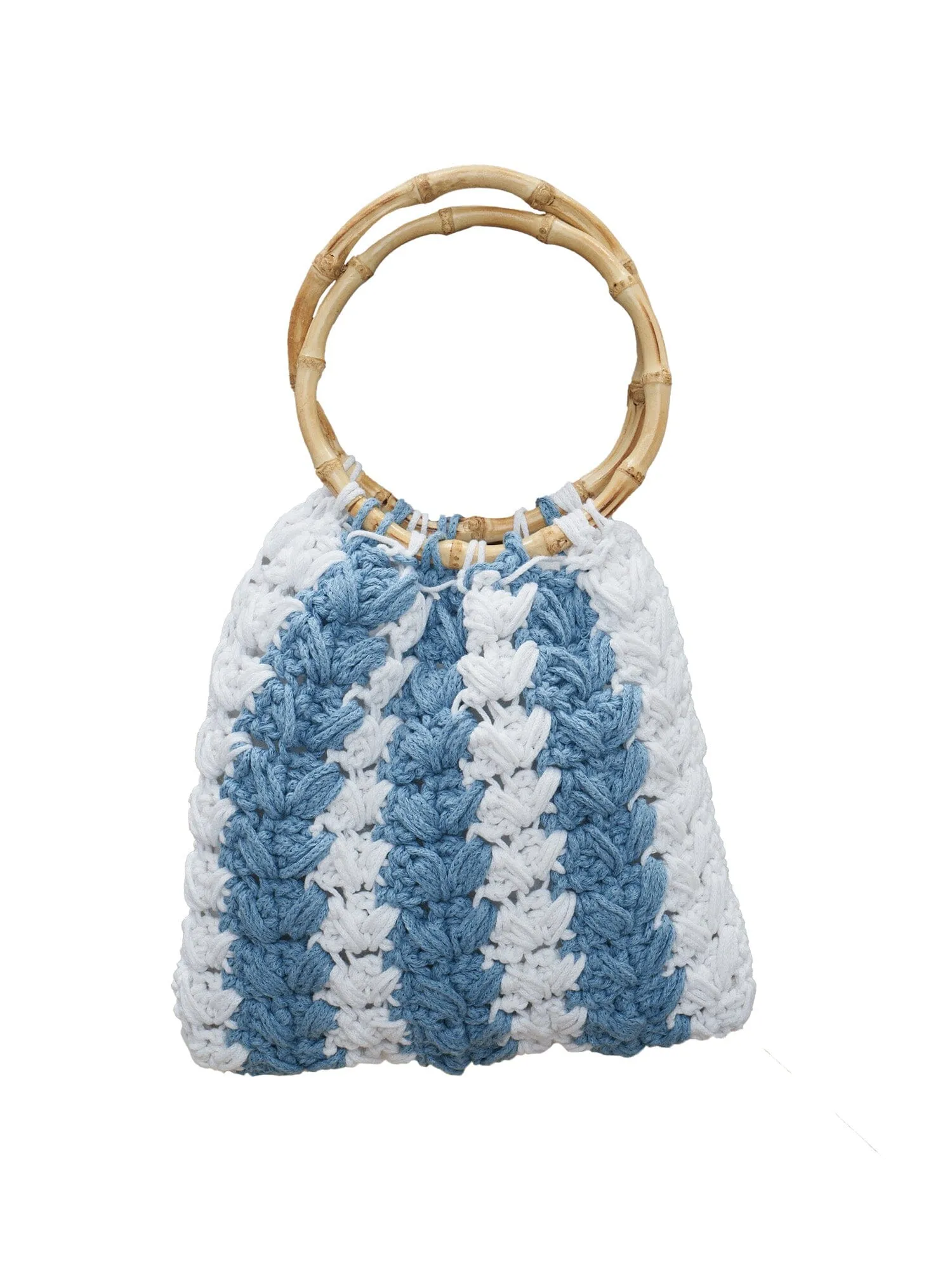 IOS - Sac petit modèle anse en bambou et macramé Blanc et Bleu