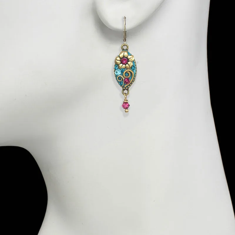 Michal Golan Teal Pink Flower Drop Earrings