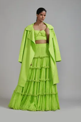 Neon Green Fringed Tiered Lehenga Jacket Set (3 PCS)