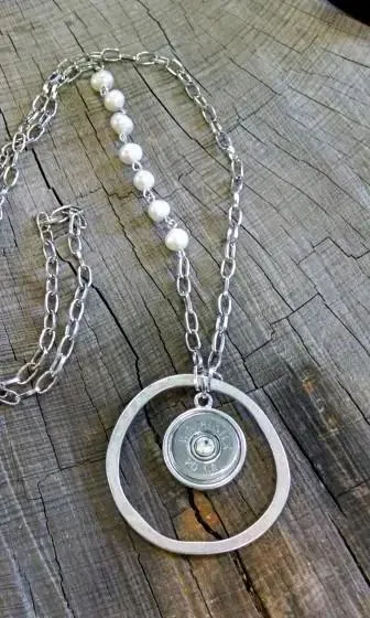 Nickel 20 Gauge Shotgun Shell & Pearl Necklace