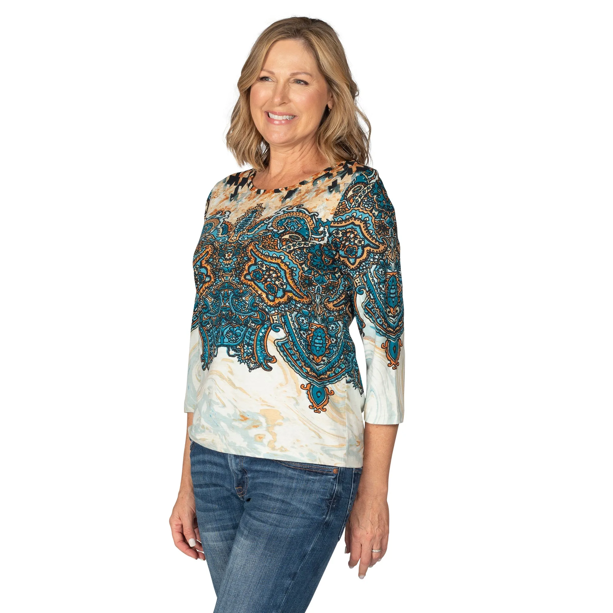 Paisley Sequin 100% Cotton 3/4 Sleeve T-Shirt