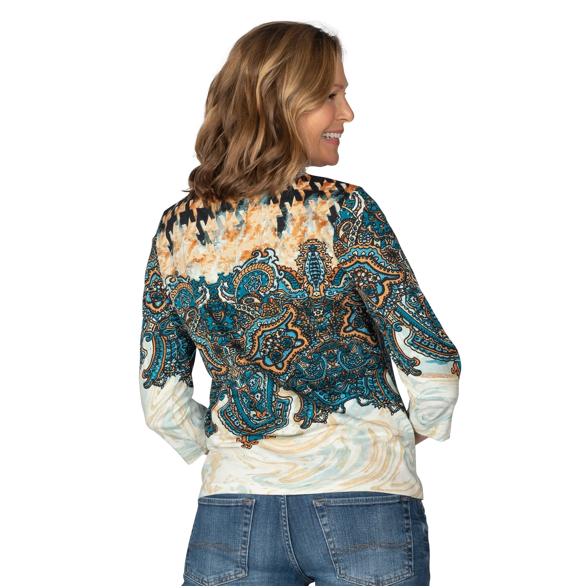 Paisley Sequin 100% Cotton 3/4 Sleeve T-Shirt